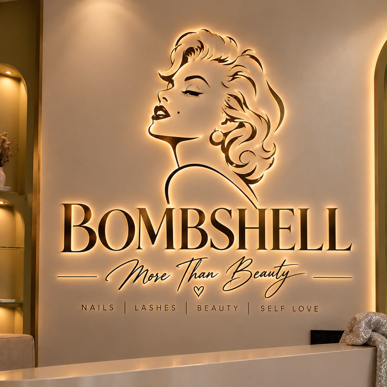Bombshell Schriftzug an der Salonwand
